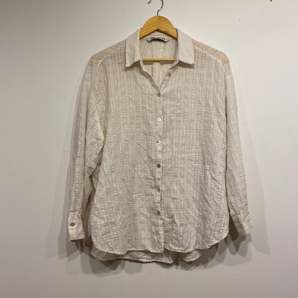 Zara Seersucker Long Sleeve Coastal Button Down Oversized Shirt Size Large - Picture 1 of 4